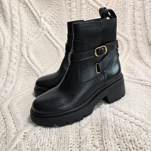 Steve Madden Chunky Moto Ankle Boots Black Leather Lug Sole Womens 5.5 NEW